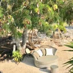 Beachfront lounge with hanging chairs — Casa Coco, Isla Mujeres, Mexico