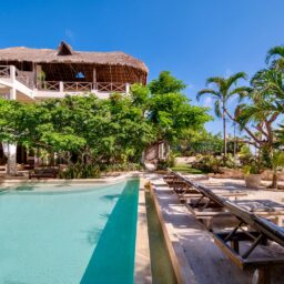 Pool and loungers by the palapa — Casa Coco, Isla Mujeres, Mexico