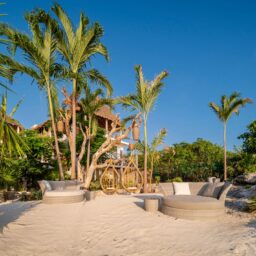 Beach lounge area with palm trees — Casa Coco, Isla Mujeres, Mexico