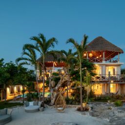 Villa and gardens at dusk — Casa Coco, Isla Mujeres, Mexico
