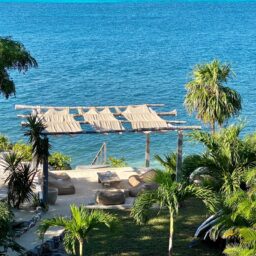 Beachfront shade pergola and ocean view — Casa Coco, Isla Mujeres, Mexico