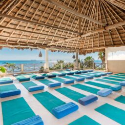 Yoga shala with mats and ocean view — Casa Coco, Isla Mujeres, Mexico