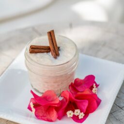 Dessert with bougainvillea flowers — Casa Lola, Isla Mujeres, Mexico